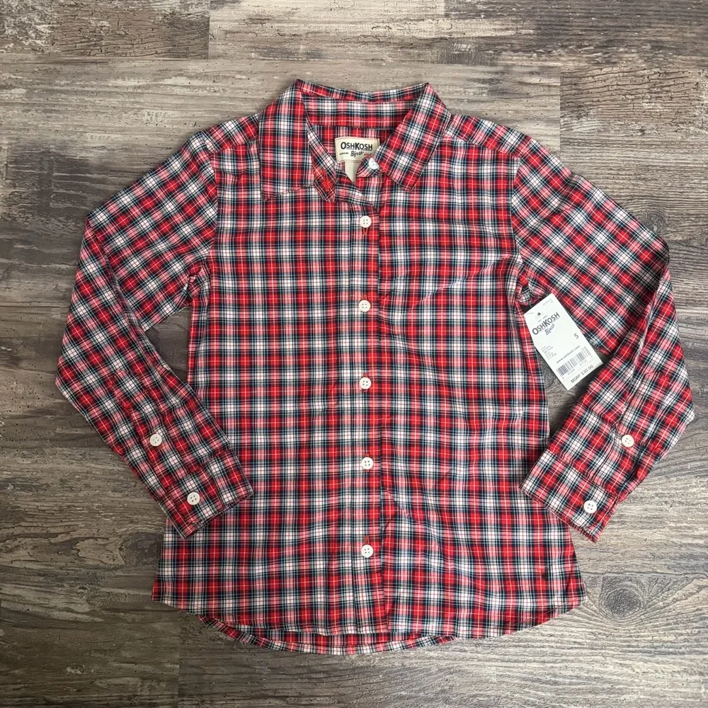 NWT OshKosh B'gosh Red Blue White Plaid Cotton Button-Down Long Sleeve Shirt